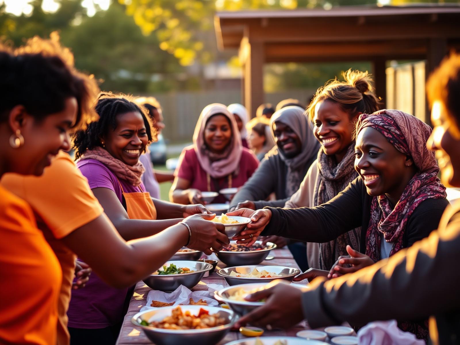 Rose Ministries volunteers sharing a warm meal with neighbors at an Atlanta community outreach event